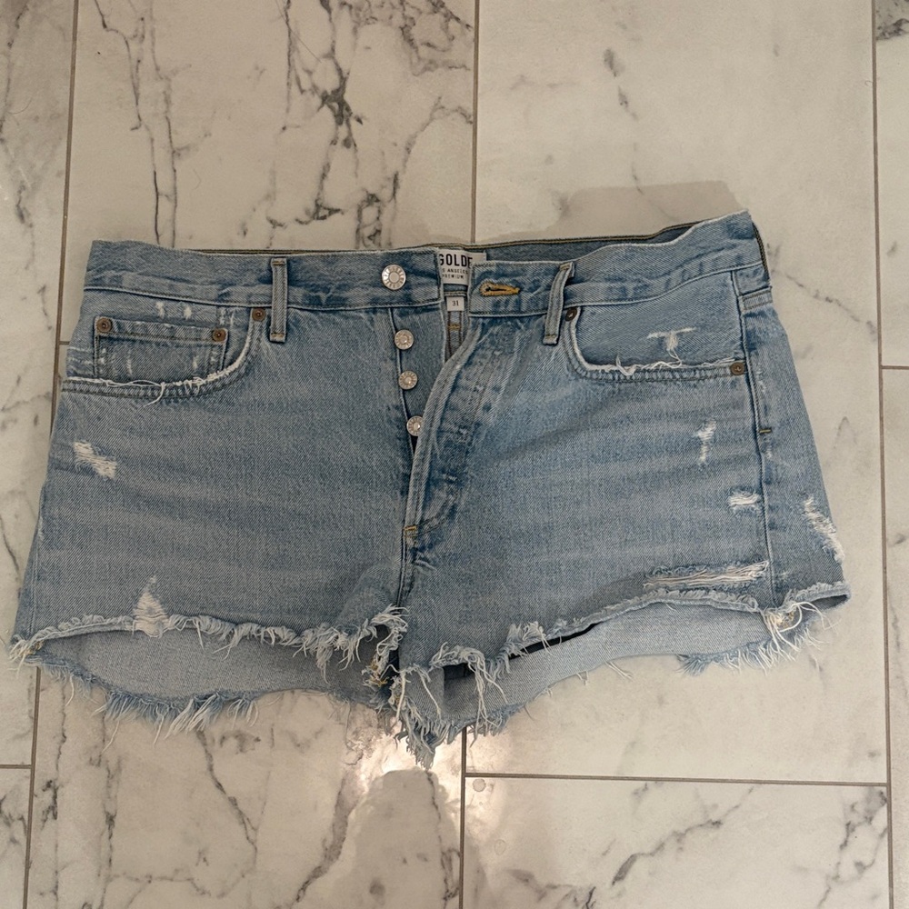 Agolde Light Blue Frayed Jean Shorts